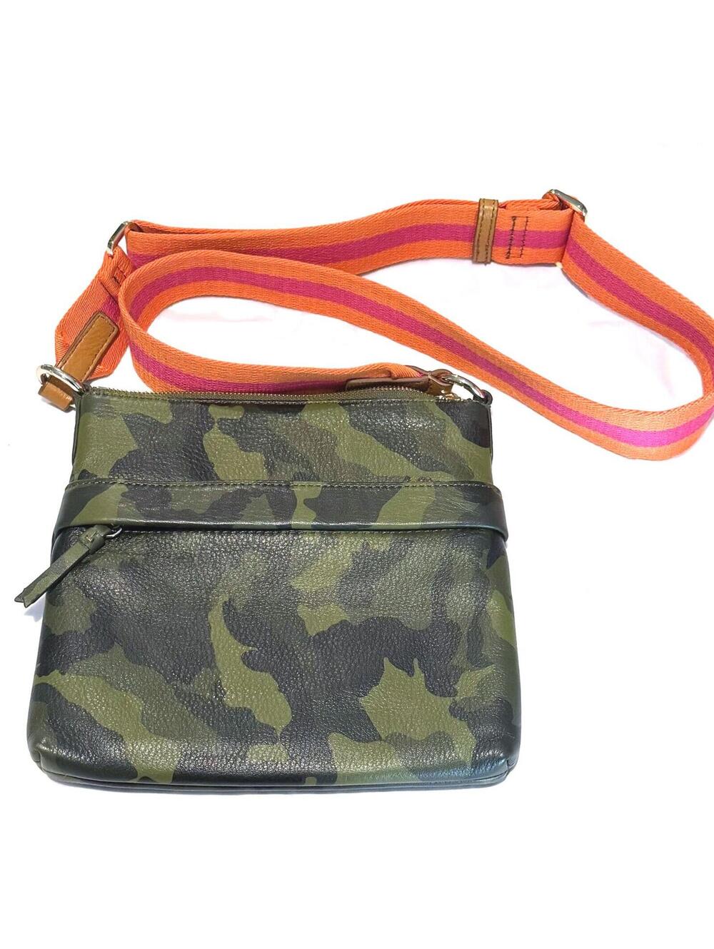 Leather Mark & Graham Camo Crossbody with Orange Pink Stripe Shoulder Strap
